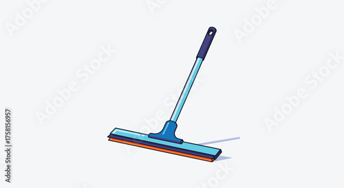 A squeegee with a long handle is positioned to clean a surface.