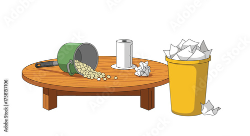 A messy kitchen table with spilled food and a trash can overflowing with crumpled paper.