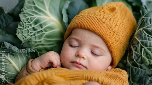 A baby sleeping in a yellow hat on top of a bed of cabbage