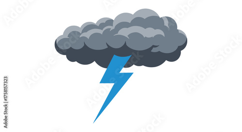 A dark storm cloud with a bright blue lightning bolt strikes downwards indicating a powerful weather event.