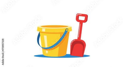 A bright yellow bucket and a red shovel sit on a sandy beach.