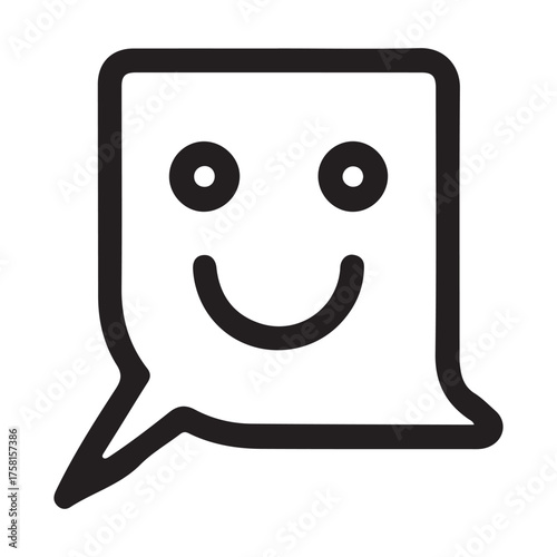 Happy face chat bubble icon simple outline graphic for digital communication and messaging platforms expressing positive emotions and feedback