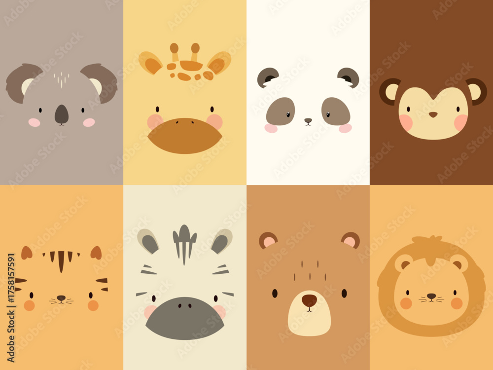 Obraz premium A set of cute animal faces. A simple illustration. Vector.