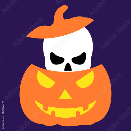 Calavera humana saliendo de una calabaza de Halloween para su uso en felicitaciones y tarjetas