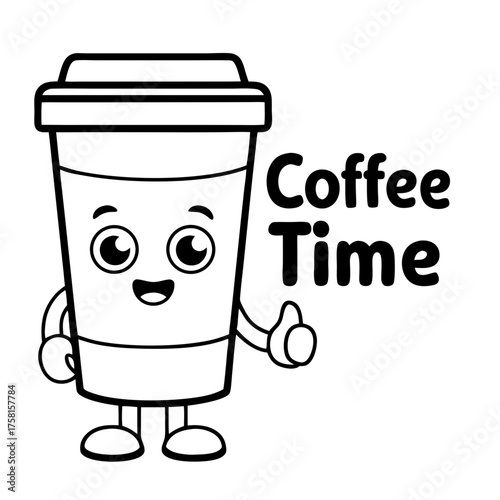 Coffee Time Companion: A cheerful cartoon coffee cup, radiating positivity, announces Coffee Time with an upbeat thumbs-up, inviting a moment of caffeinated delight.