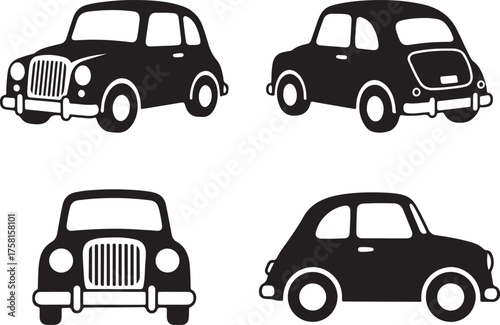Classic Small Cars Black Icons | Front, Rear & Side View Vector Set.