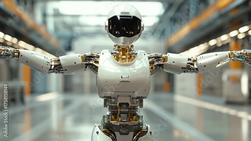 A humanoid robot standing in a factory with arms outstretched