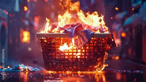 A basket full of clothes on fire in the middle of a street