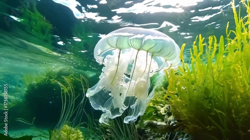 A jellyfish swimming in an aquarium filled with green plants