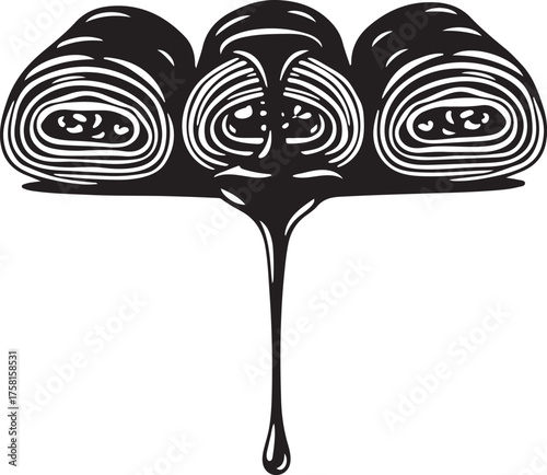 Baklava Roll Dessert Icon | Middle Eastern Sweet Pastry Black and White Vector Illustration.
