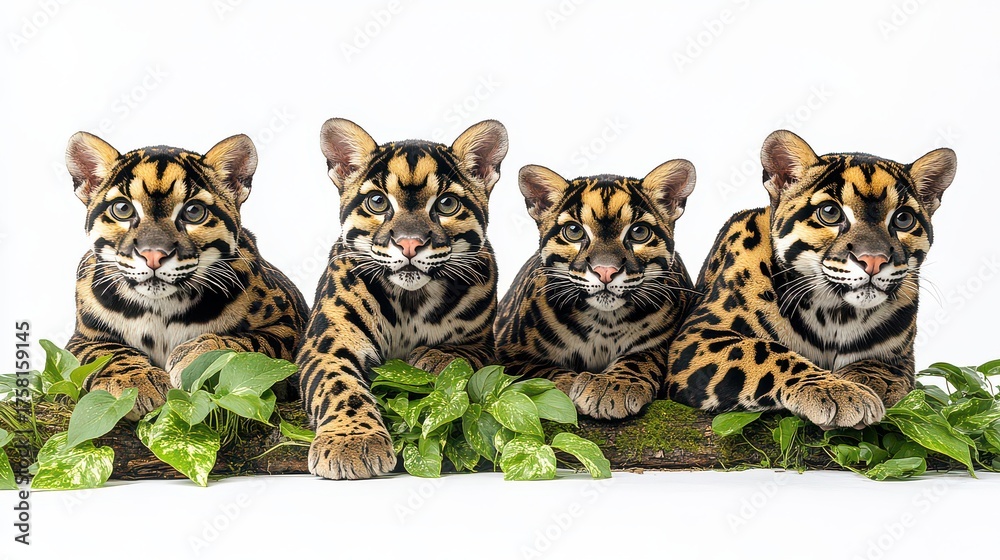 Naklejka premium Four clouded leopard cubs posing on a log with green plants.