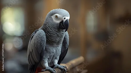 Obraz Beautiful African Grey Parrot (Psittacus erithacus) perched on a branch, showcasing its intricate grey feathers and intelligent gaze in a natural setting.