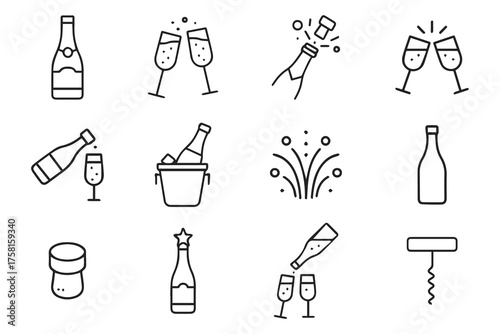 Elegant wine and champagne glass icon set, stylish line art collection of glassware silhouettes, transparent background vector illustration, refined drinkware design elements