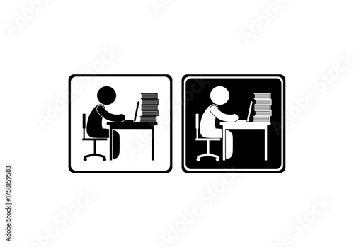  A black and white icon set illustrating a stick figure person working at a desk with a laptop and a large stack of papers, suggesting a heavy workload or study.