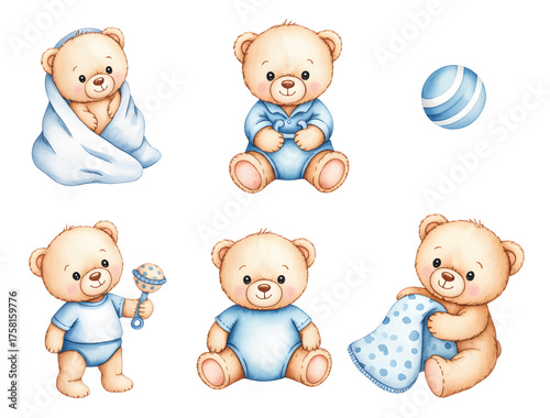 Watercolor baby teddy bear collection in blue nursery theme. Cute baby bears with toys and blankets for kids decor.