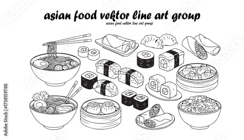 A black and white line art illustration showcasing various Asian food dishes, including sushi and noodles.