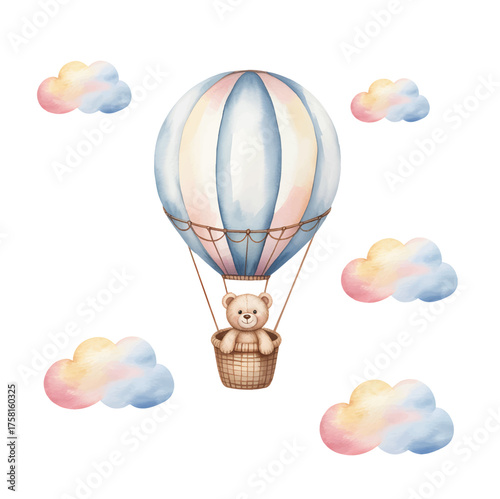 
Watercolor teddy in a blue hot air balloon with clouds. Cute nursery hot air balloon illustration with teddy bear.