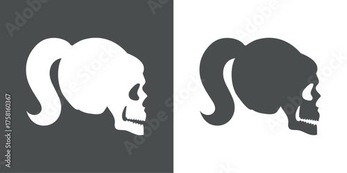 Símbolo pirata. Logo con vista lateral de calavera humana con pelos recogidos en una coleta para felicitaciones y tarjetas de Halloween