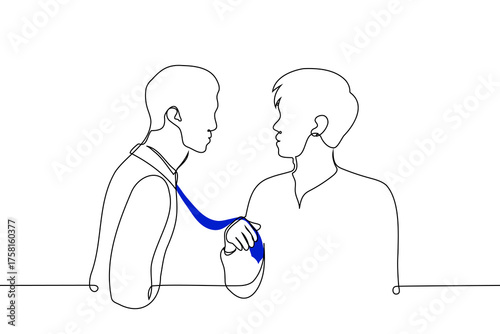 man holds another by the tie - one line art vector. friendly gesture or showing dominance to a violent one, a way to pull someone closer, get their attention, or adjust their tie, Gesture of closeness
