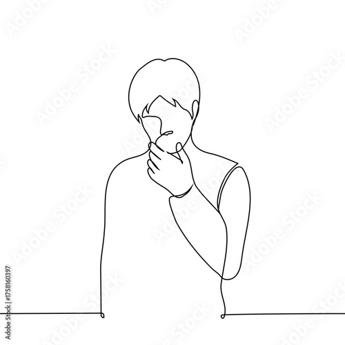 man touches his chin thoughtfully - one line art vector. Concept of reflection, puzzlement, thought process, to figure out.