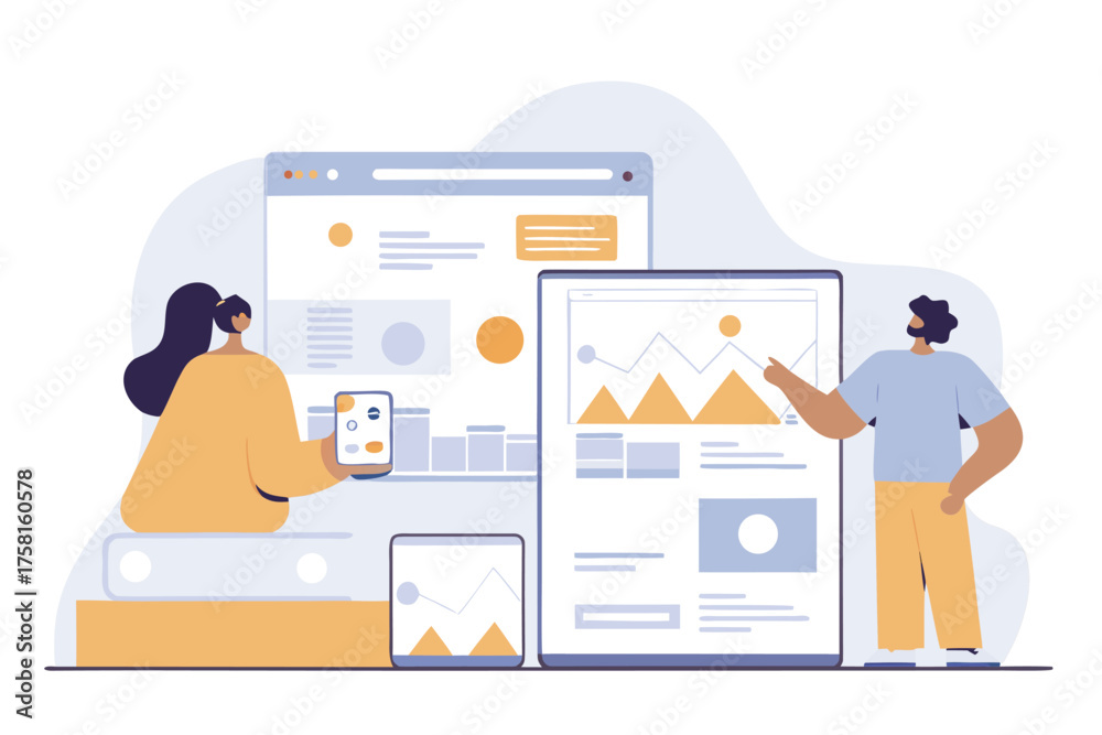 Fototapeta premium Diverse devices displaying data analytics a vector illustration for responsive design showcasing business intelligence and user interface elements