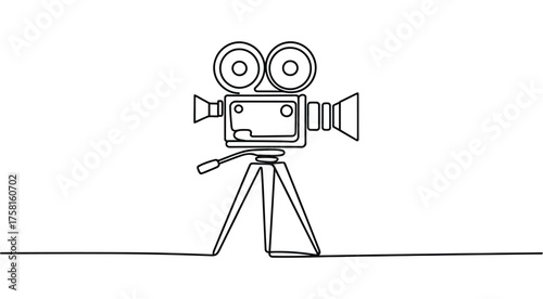 Minimalist line drawing of vintage film camera on tripod, elegant silhouette symbolizing filmmaking, video production, and media arts