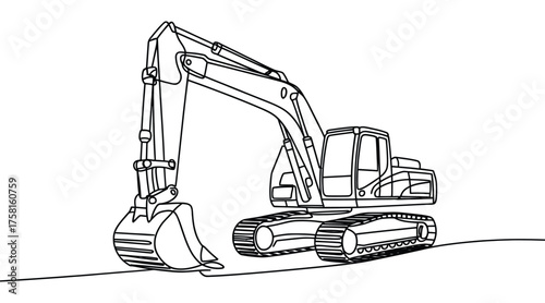 Detailed line drawing of excavator with extended bucket arm and tracked base, technical silhouette for construction, engineering, or machinery themes