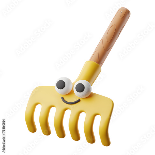 Cartoon rake with googly eyes and a smile a playful 3D rendering isolated on a white background