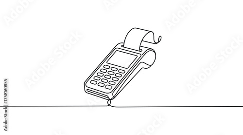 Minimalist line drawing of POS terminal with keypad, screen, and curling receipt, modern silhouette for retail, payment, or commerce themes