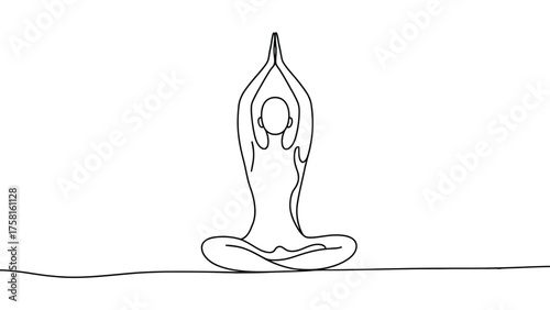 Minimalist line drawing of person in seated meditation pose with raised arms, elegant yoga silhouette symbolizing mindfulness and inner peace