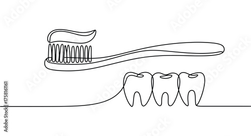 Minimalist line drawing of toothbrush with toothpaste above three stylized teeth, elegant dental hygiene icon for oral care and health visuals