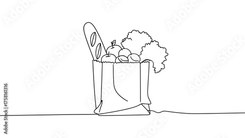 Minimalist line drawing of grocery bag with baguette, fruits, and leafy greens, elegant black silhouette for food, shopping, or lifestyle themes