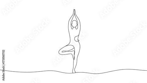 Minimalist line art of person in Tree Pose (Vrksasana), elegant black yoga silhouette emphasizing balance, mindfulness, and posture
