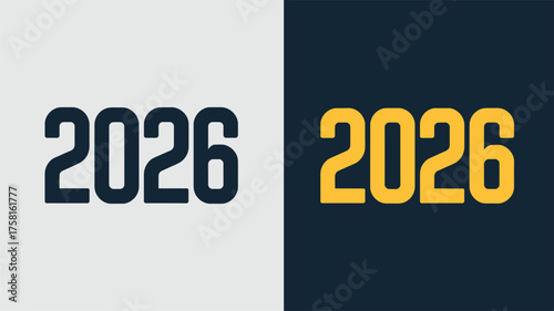 Split-screen 2026 typography with bold blue and yellow digits on contrasting backgrounds, modern design exploring color contrast and impact