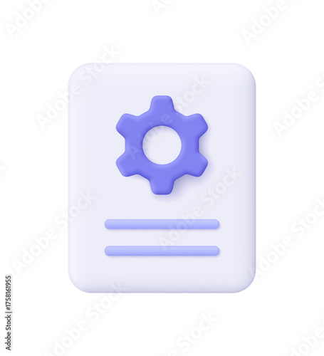 Document file with purple gear. Settings, configuration, technical documentation, system preferences, software management and process optimization concept. 3d vector icon. Cartoon minimal style.