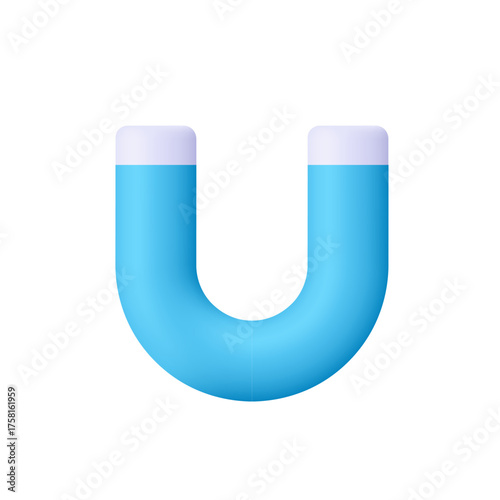 Blue horseshoe magnet. Technology, science, education, attraction, magnetic force, connection and energy concept. 3d vector icon. Cartoon minimal style.