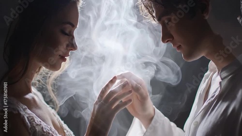 Romantic Couple Touching Hands Amidst Ethereal Smoke in Dramatic Lighting