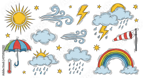 A vibrant collection of hand-drawn weather icons illustrating diverse atmospheric conditions and natural phenomena.