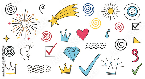 A whimsical collection of hand-drawn doodles and decorative elements for creative projects.