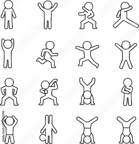A collection of black and white line art stick figure icons showing various dynamic poses and actions.