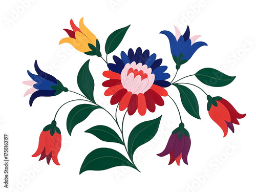 Bold Hungarian Kalocsa Embroidery Style: Featuring red, blue, and yellow blossoms.