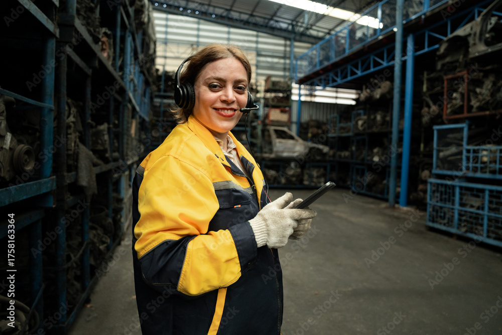 Fototapeta premium Portrait woman Middle east technician or engineer use tablet computer and headphone checking auto part or car part at car part warehouse 