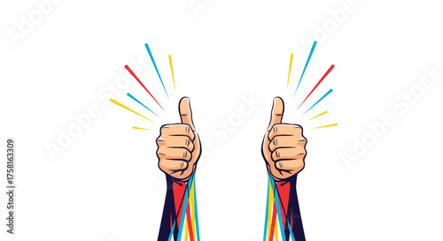 Two thumbs up with colorful rays emanating from them indicating success.