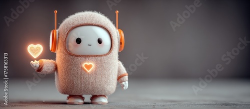 Cute, fluffy robot holding a glowing heart