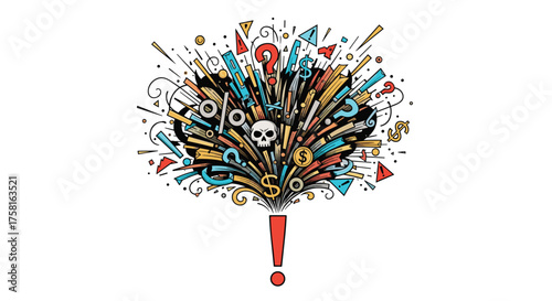 An explosion of abstract symbols and shapes bursting outwards from an exclamation mark.