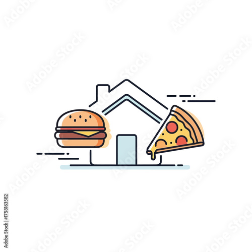 Home delivery food icons burger pizza house concept vector