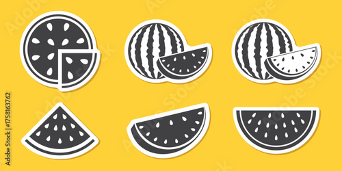 Watermelon sticker icon set collection in flat style. Fresh sweet and healthy fruit vector illustration on isolated background. Summer food sign business concept.