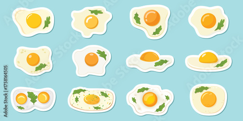 Fried egg sticker icon set in flat style. Omelet vector illustration on isolated background. Healthy food sign business concept.