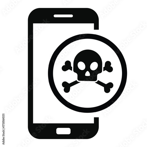 Smartphone malware icon featuring a skull and crossbones symbol inside a circle overlaid on a simple mobile phone outline. Represents virus, cyber attack, hacking, security risk, data theft, or poison