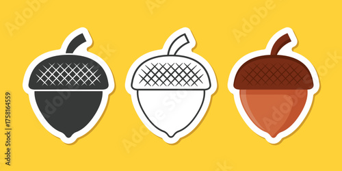 Acorn sticker icon set in flat style. Oak nut vector illustration on isolated background. Nature sign business concept.
